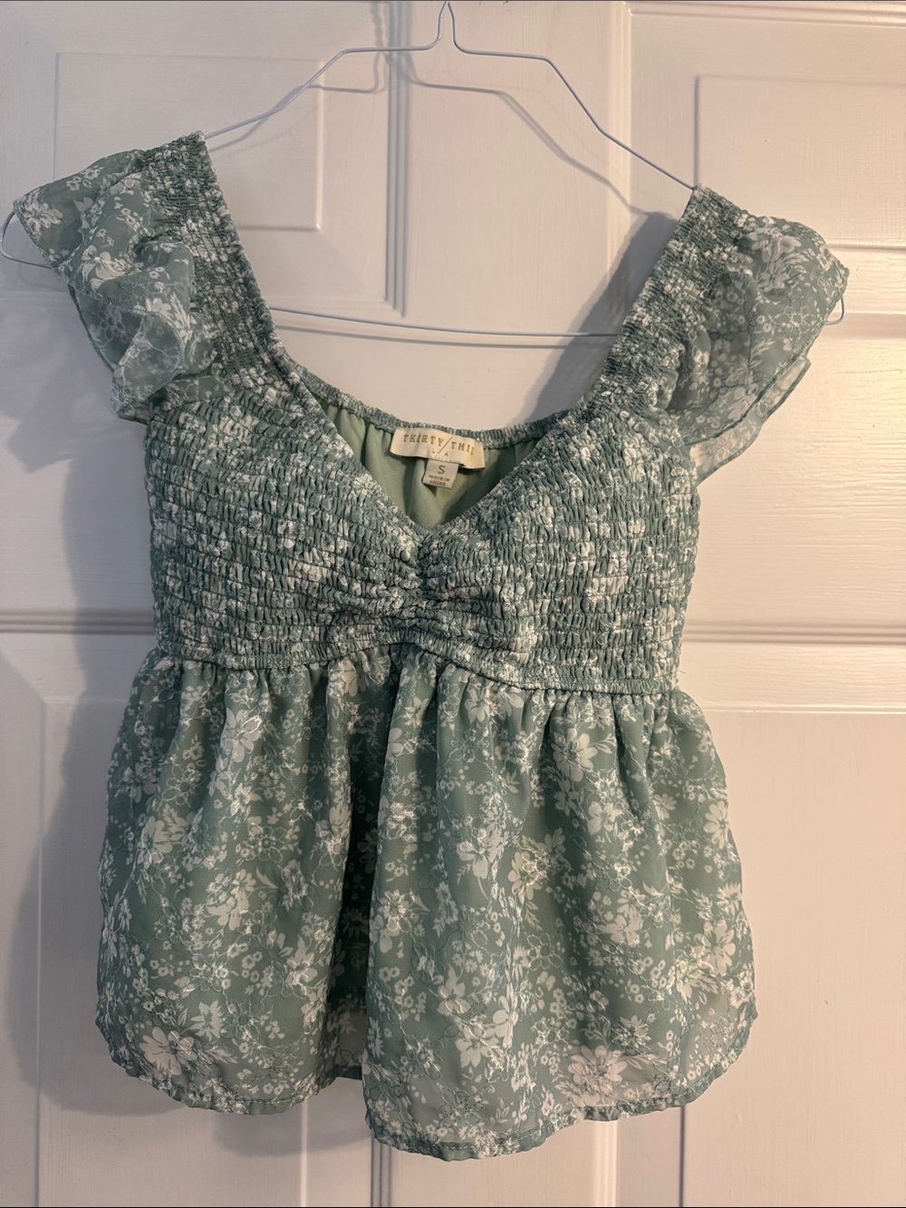 Smocked Floral lined Peplum Blouse in Sage Green Sz S